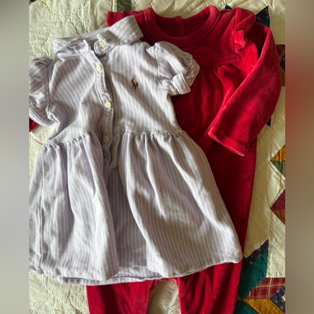 Ralph Lauren infant girls 6m bundle, purple striped dress, christmas footie